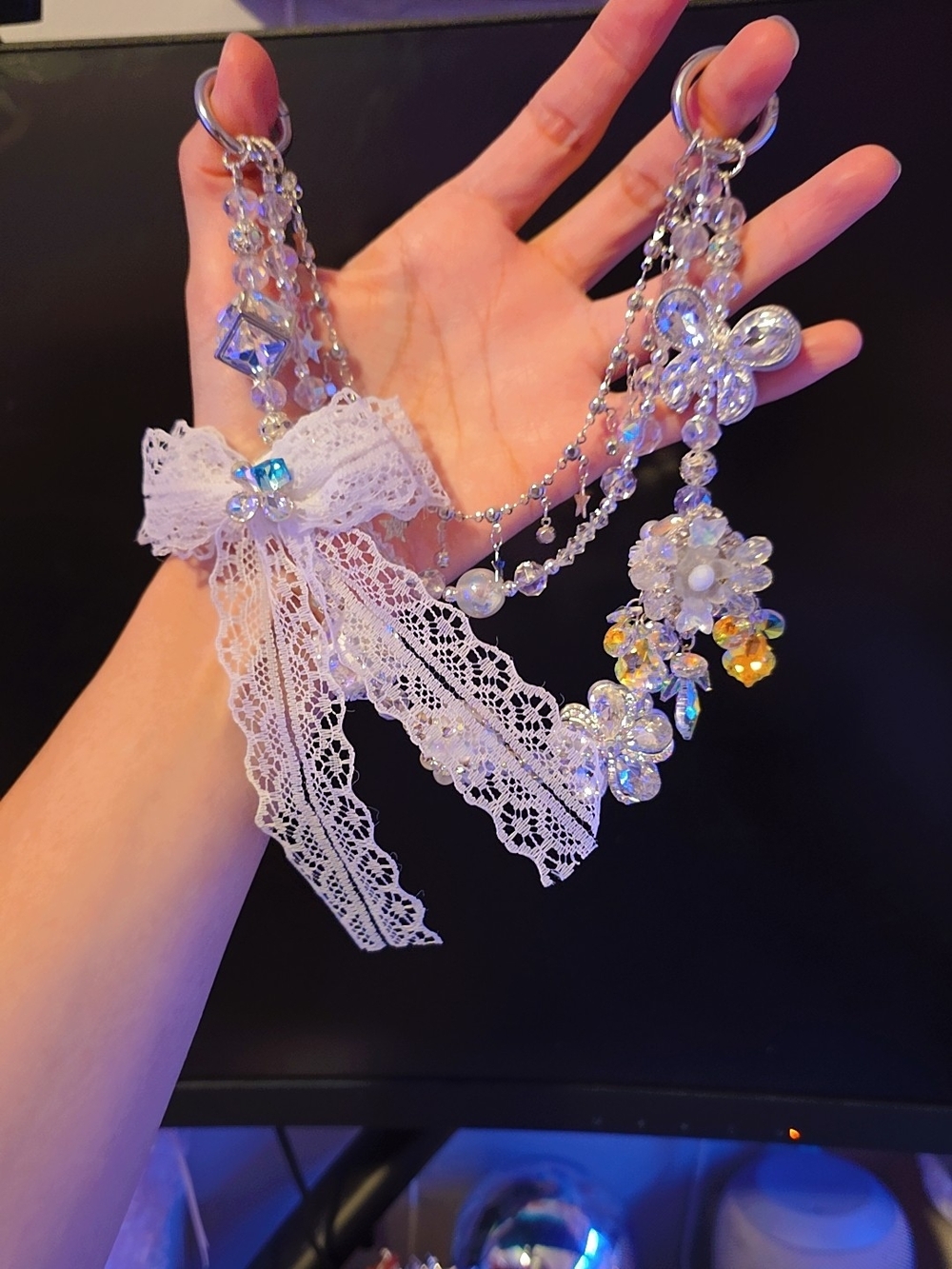 Delicate White Lace & Crystal Floral Charm Necklace